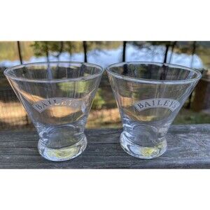 Vtg Baileys Irish Cream Flared Rocks Clear Glass Frosted Logo 4" Tall - Set of 2